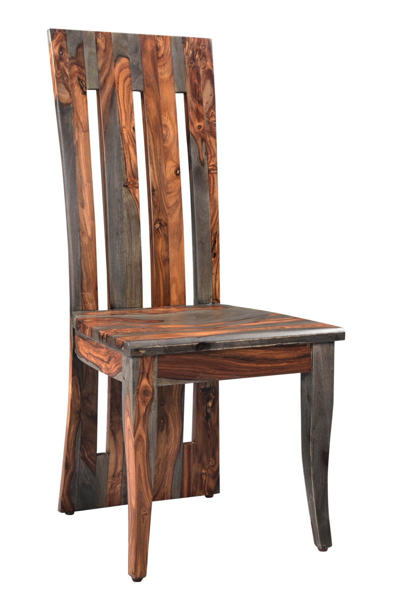 Brown Sheesham Wood Scoop Seat Kitchen Dining Chair with Fan Back and Open Slats