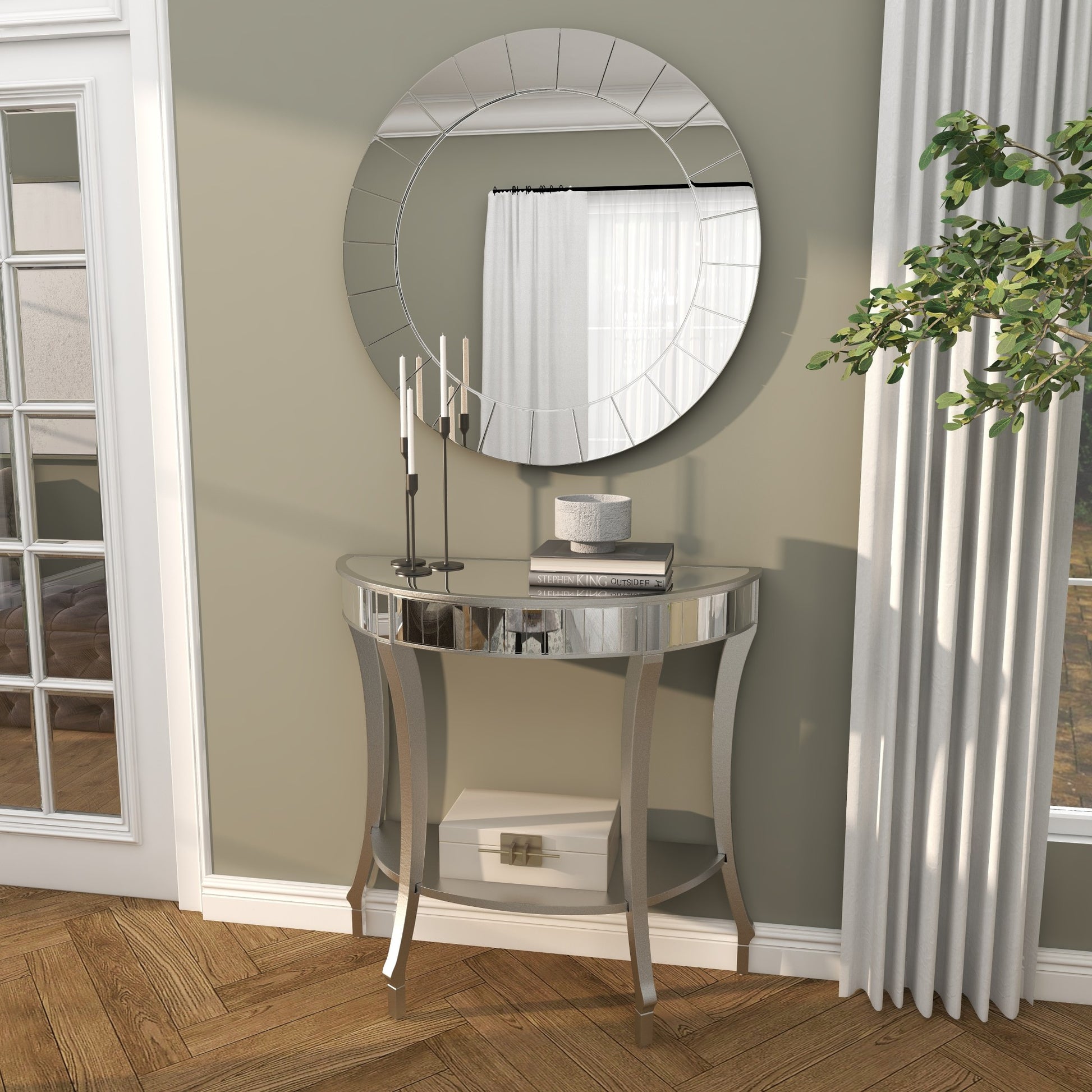 Set of 2 Silver Wood Mirrored Panel Half Moon Living Room Console Table with Mirror