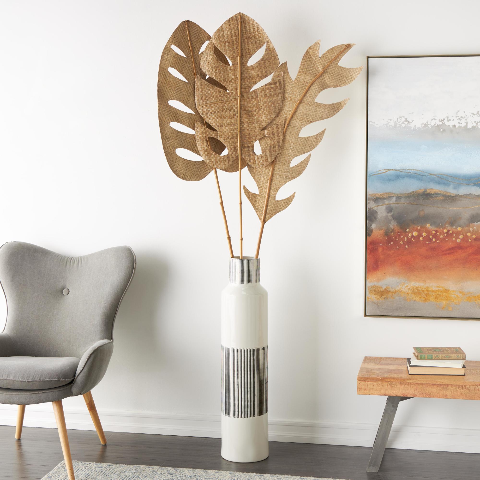 Set of 3 Palm Tree Light Brown Bamboo Wood Handmade Tall Woven Leaf Stick Home Decor Natural Foliage