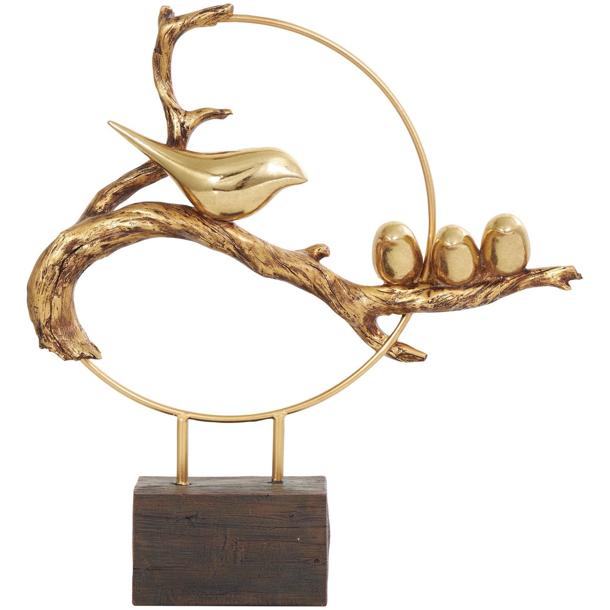Bird Gold Polystone Family On A Branch Decorative Sculpture with Brown Block Base