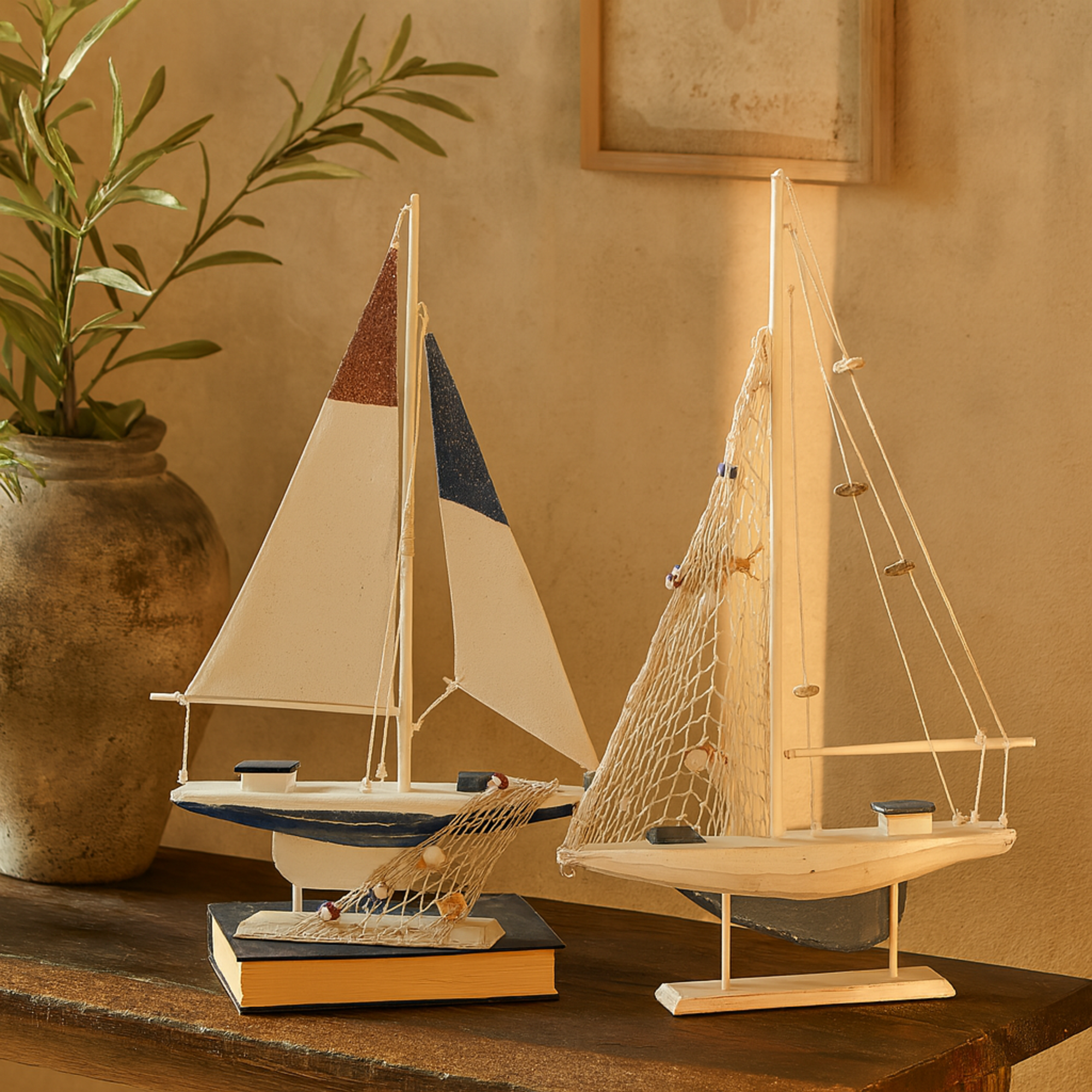 Set of 2 Sail Boat White Wood Handmade Decorative Sculpture