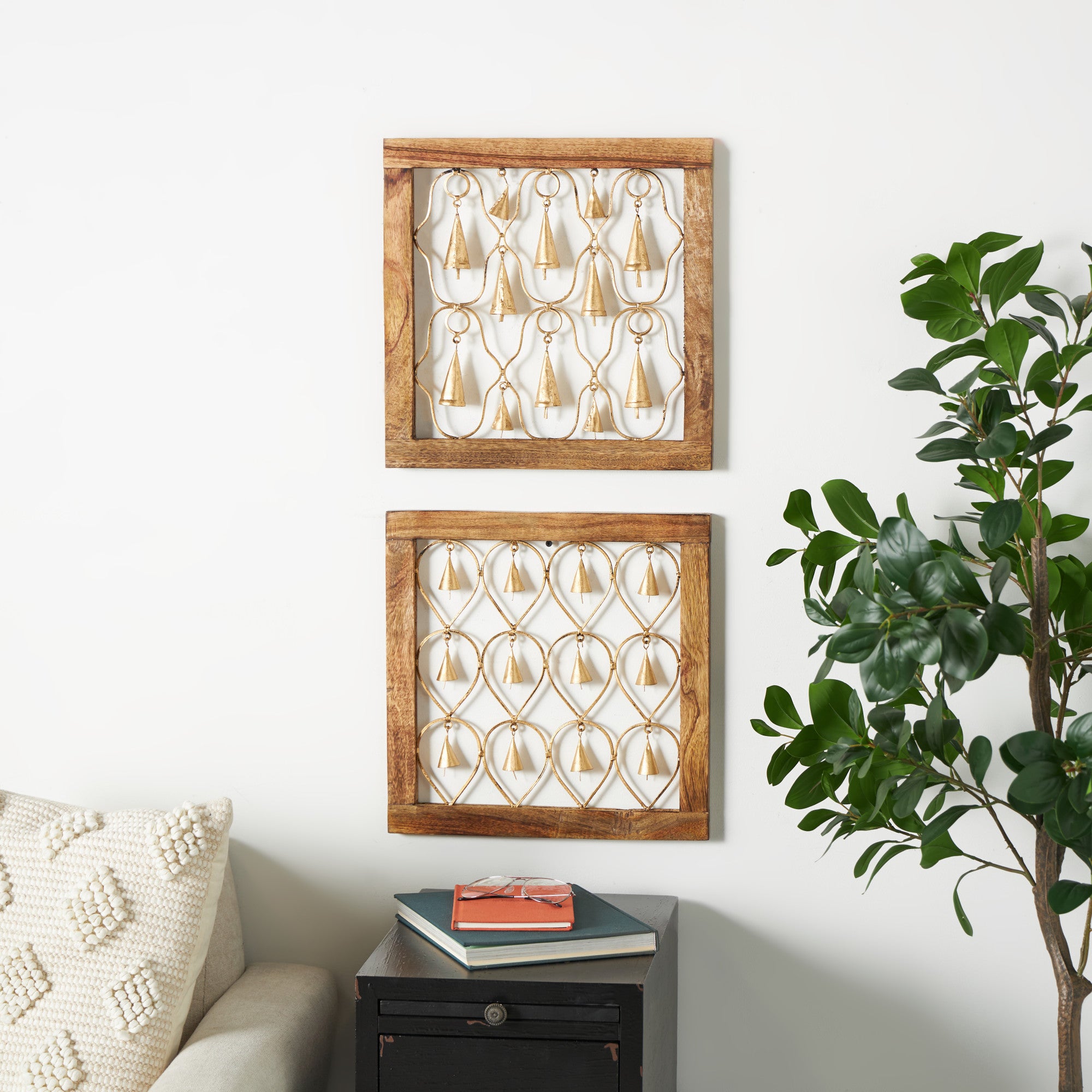 Set of 2 Bell Brown Mango Wood Framed Home Wall Decor