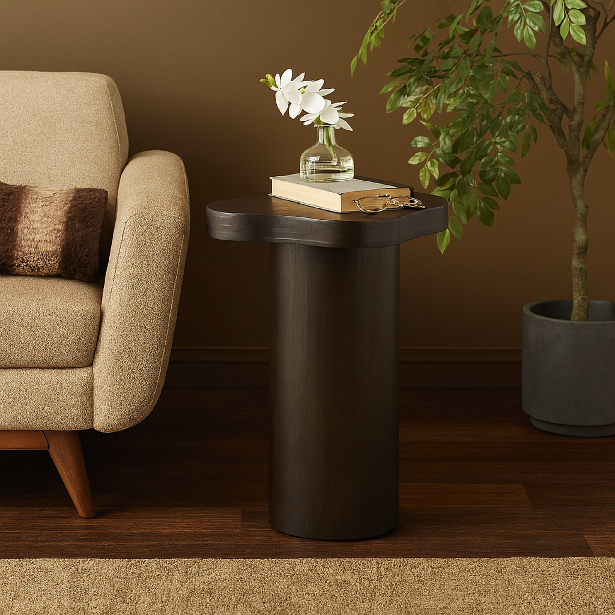 Wood Pedestal Side End Accent Table with Rounded Square Top