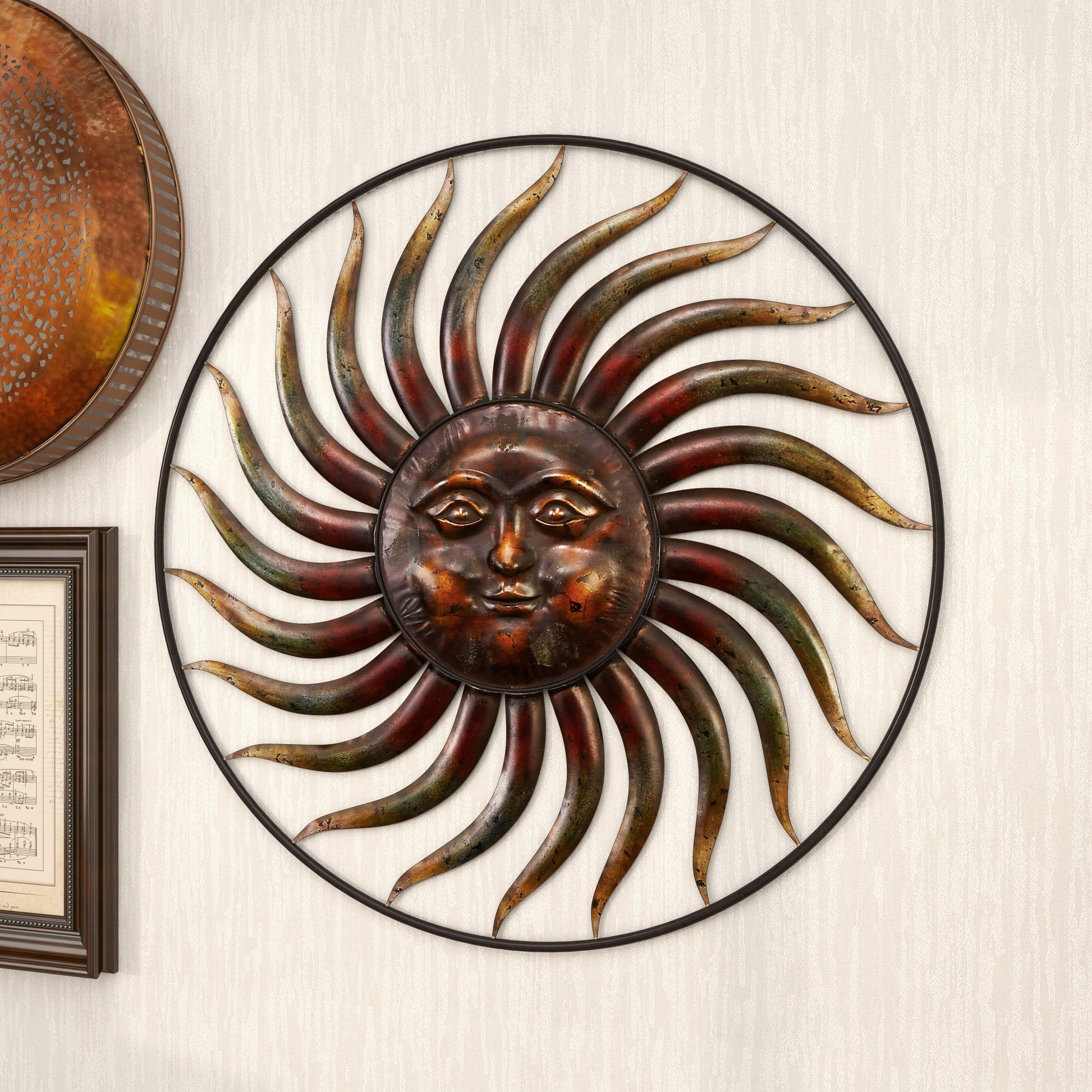 Sun Copper Metal Indoor Outdoor Weathered Home Wall Decor with Green Accents