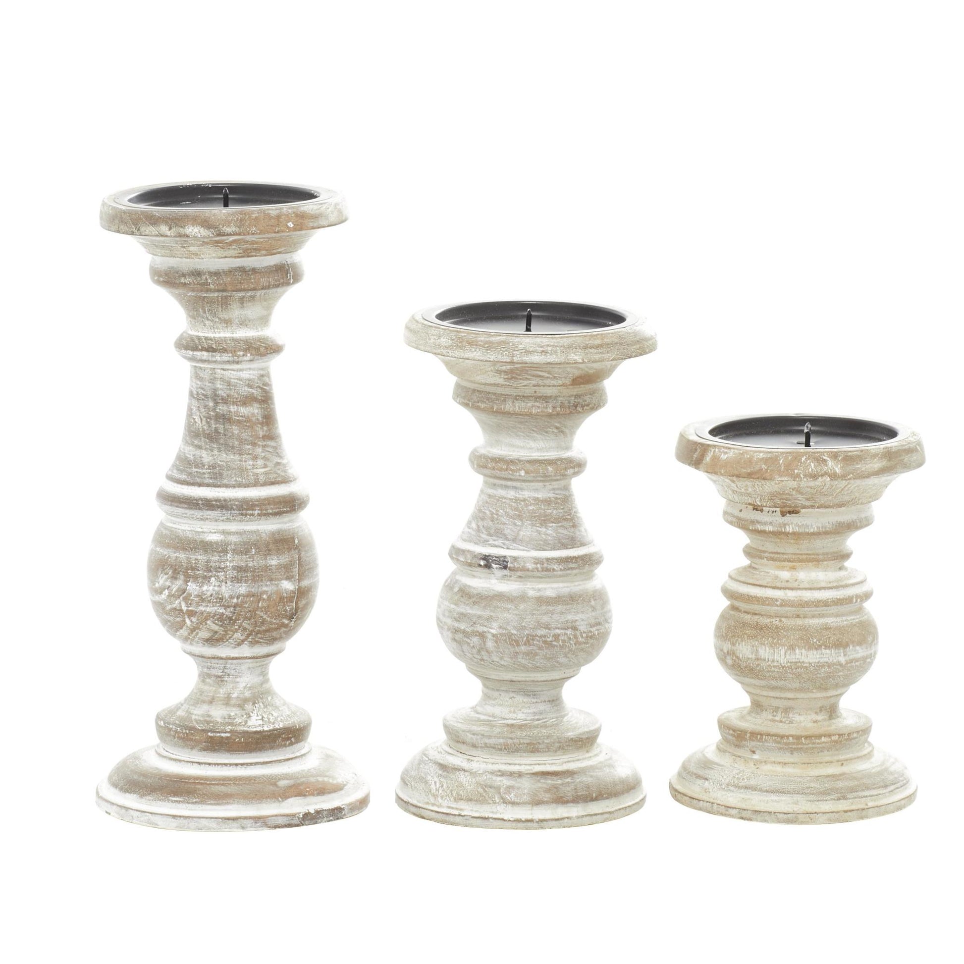 Set of 3 Mango Wood Distressed Turned Pillar Decorative Candle Holder
