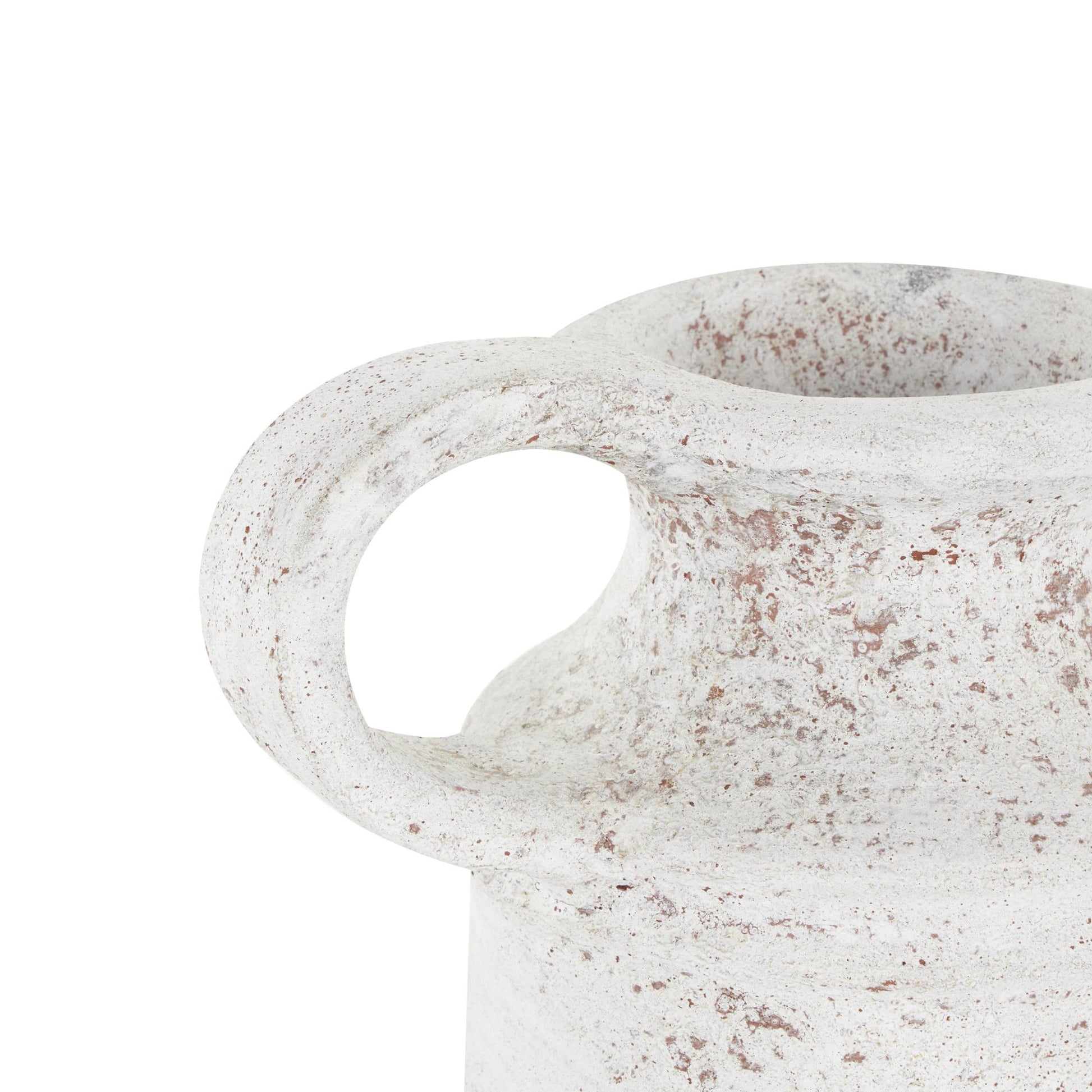 White Ceramic Antique Style Textured Decorative Vase with Terracotta Accents and Ring Handle