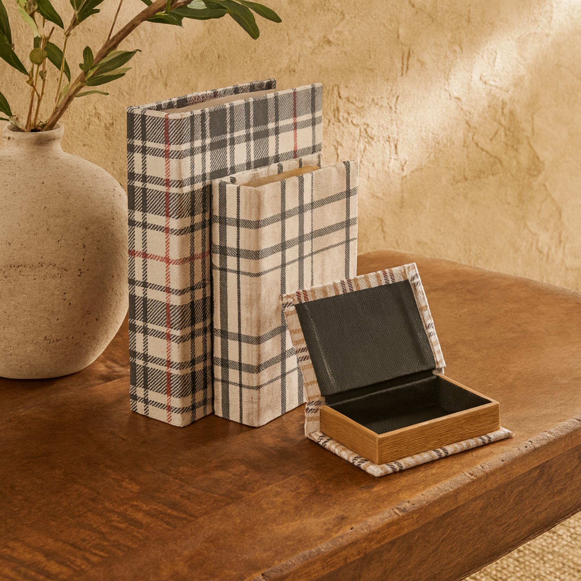 Set of 3 Geometric Multi Colored Canvas Plaid Faux Book Storage Decorative Box with Red and Purple Accents