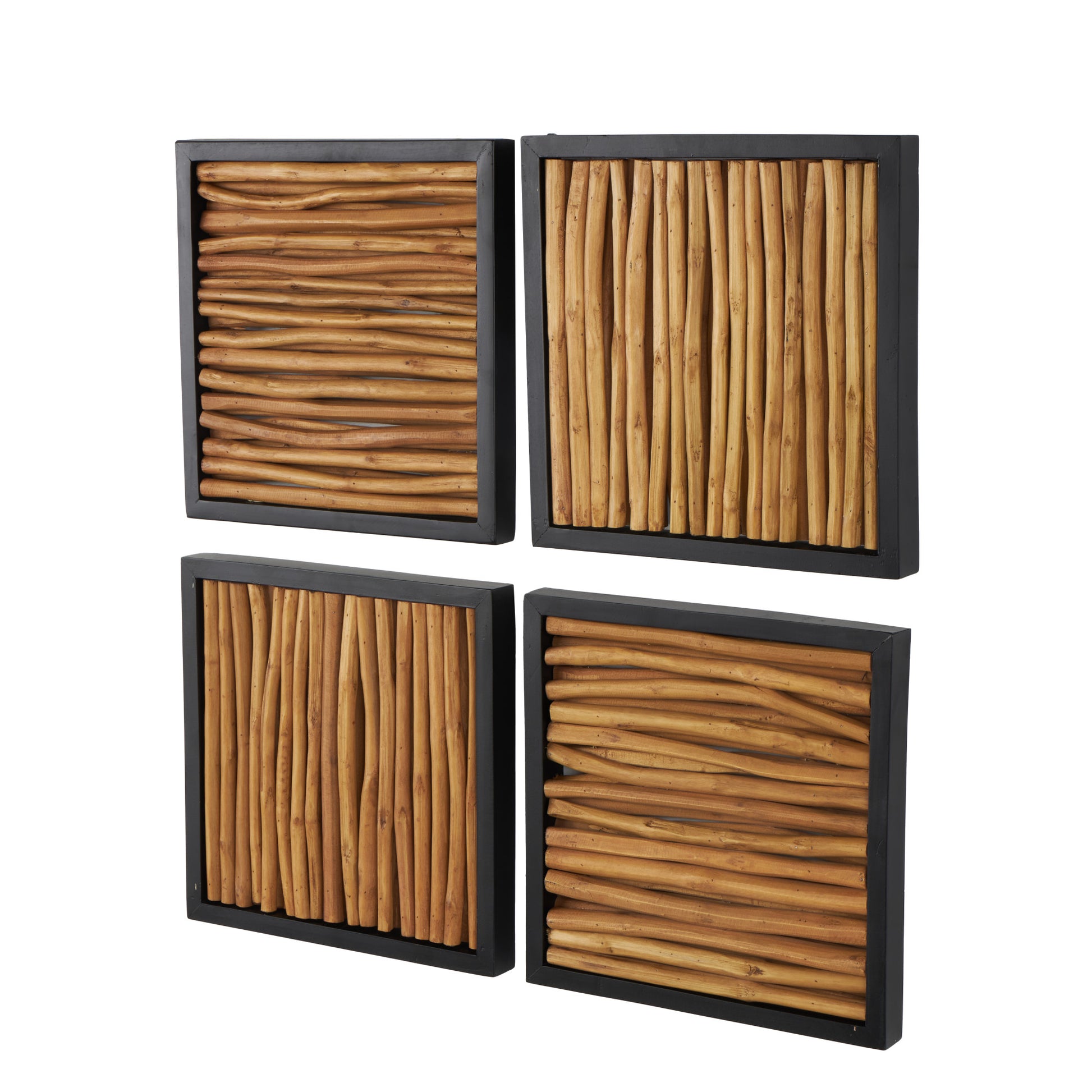 Set of 4 Abstract Brown Teak Wood Handmade Home Wall Decor with Horizontal Sticks and Black Frames