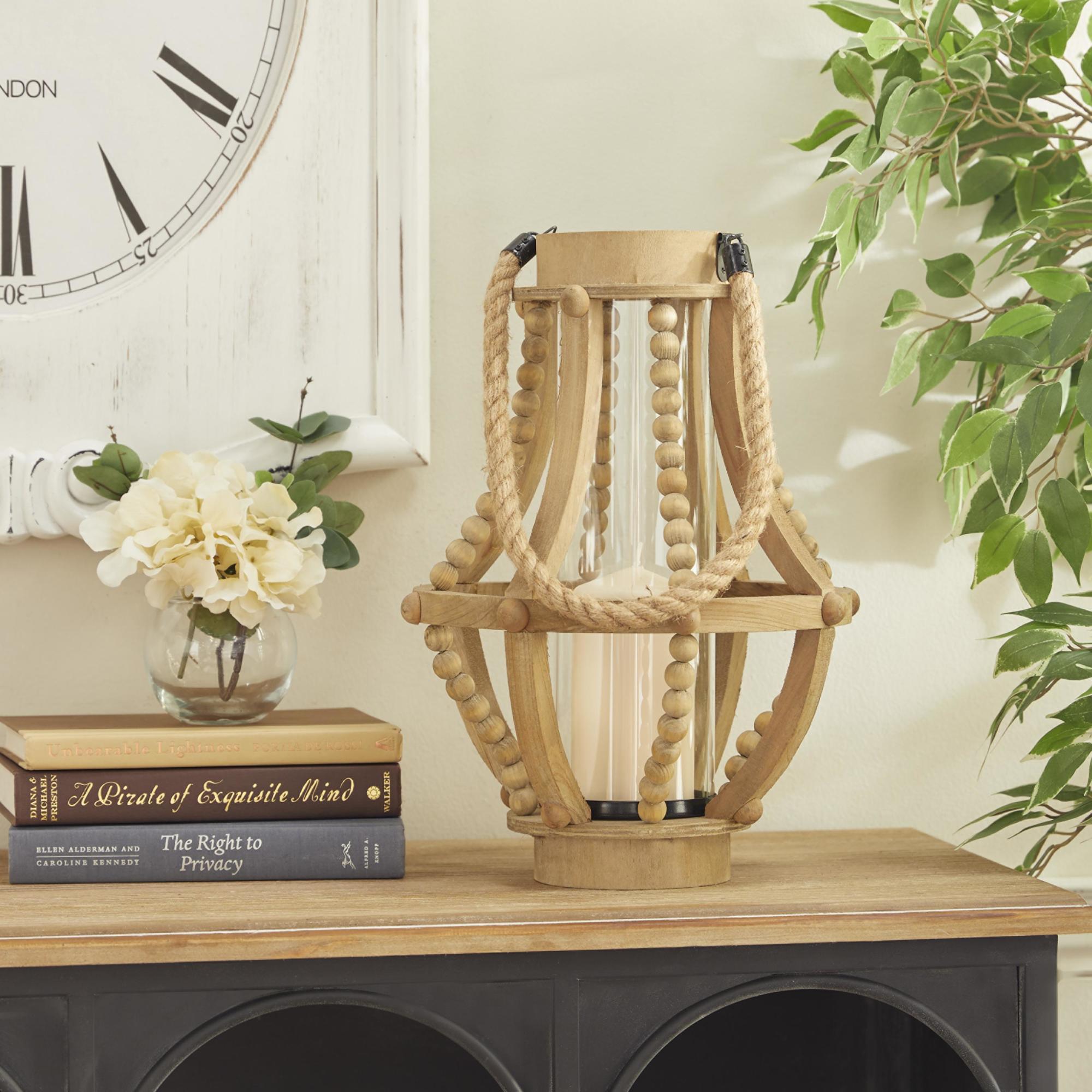 Beige Reclaimed Wood Beaded Decorative Indoor Outdoor Candle Lantern