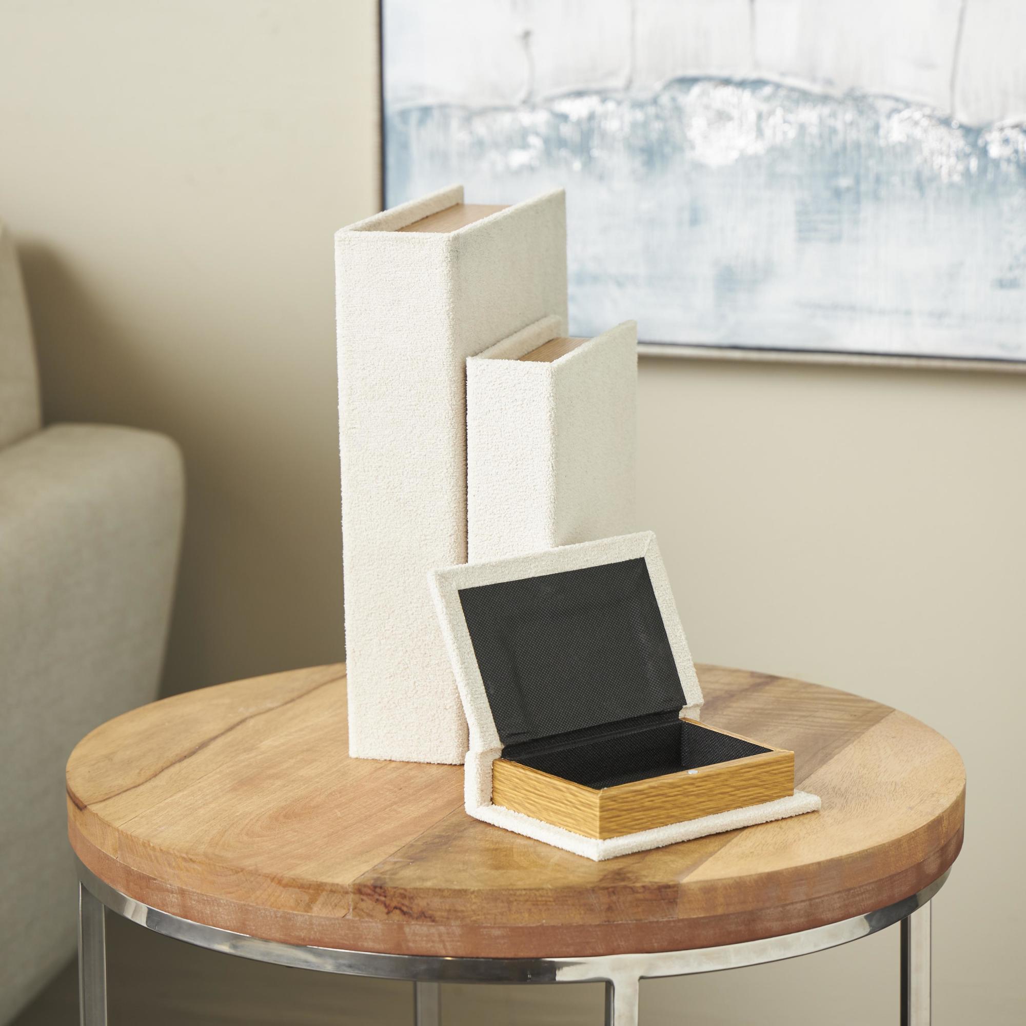 Set of 3 Velvet Textured Faux Book Storage Decorative Box with Gold Page Detailing